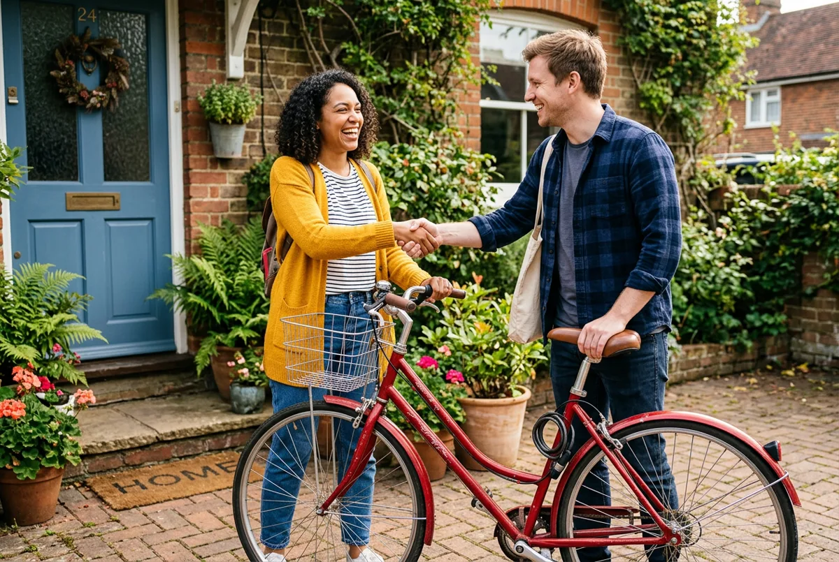 A seller handing over a sold item to a local buyer