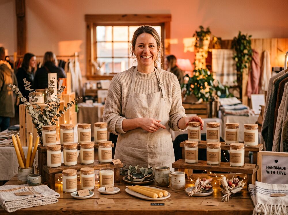 An artisan showing handmade candles and crafts
