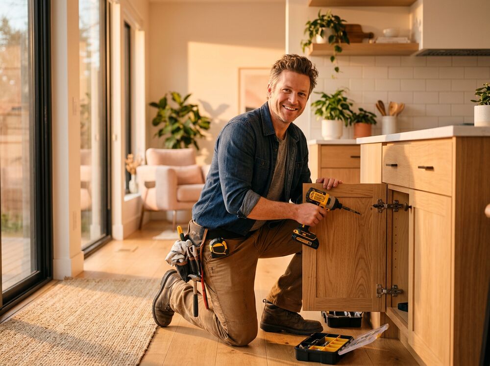 A friendly handyman fixing something in a bright home