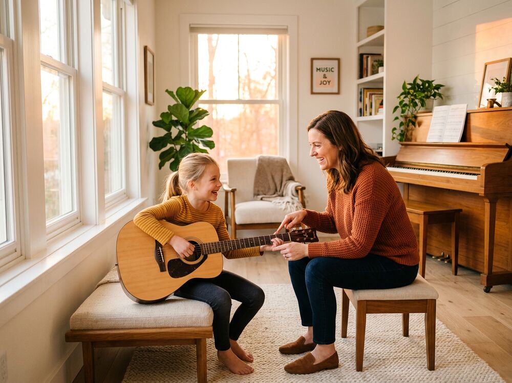 A tutor giving a music lesson to a student