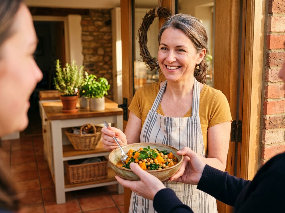 A local home cook handing over a fresh homemade dish