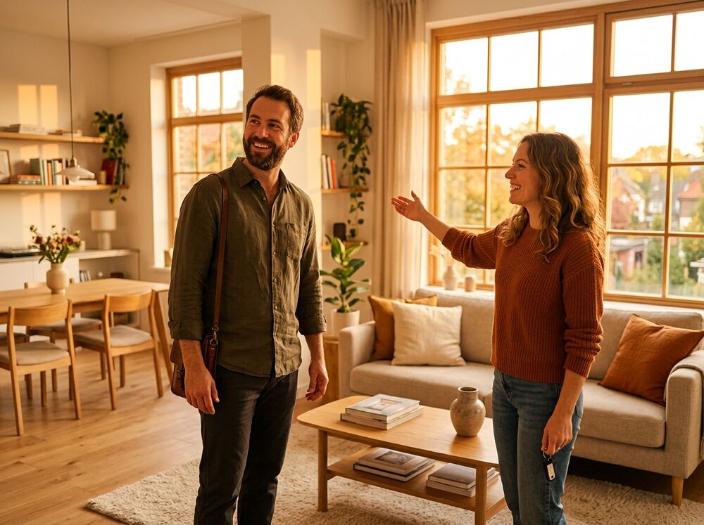 Two people touring a bright room for rent