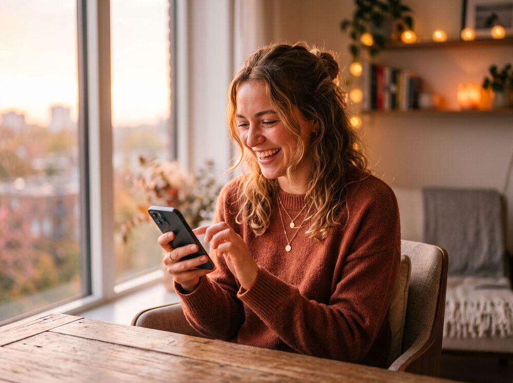 A person smiling while texting THE NUMBER on their phone